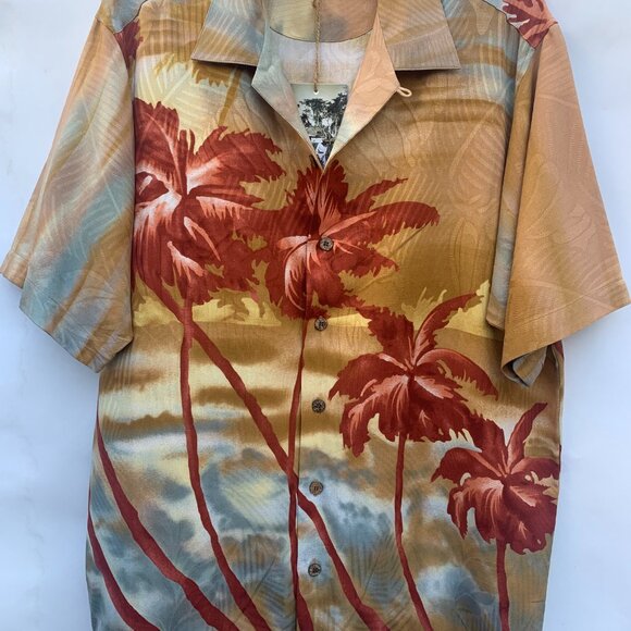 BOHIO 100% Silk Half Sleeve Hawaiian Sunset Shirt with Palm Tree Print